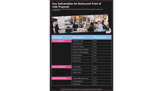 Key Deliverables For Restaurant Point Of Sale Proposal One Pager Sample Example Document