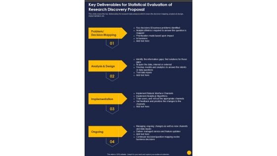 Key Deliverables For Statistical Evaluation Of Research Discovery Proposal One Pager Sample Example Document