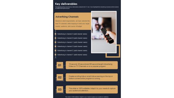 Key Deliverables Television Marketing Campaign Proposal One Pager Sample Example Document