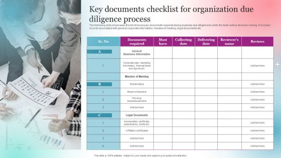 Key Documents Checklist For Organization Due Diligence Process Brochure PDF