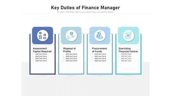 Key Duties Of Finance Manager Ppt PowerPoint Presentation Gallery Slide Download PDF