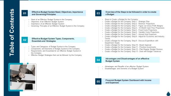 Key Elements And Techniques Of A Budgeting System Table Of Contents Demonstration PDF