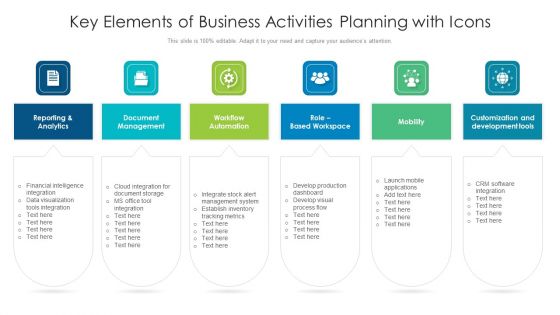 Key Elements Of Business Activities Planning With Icons Ppt PowerPoint Presentation Layouts Backgrounds PDF