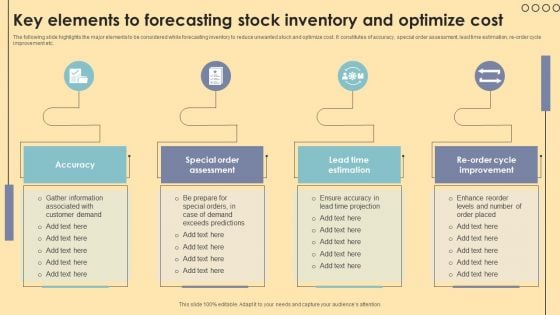 Key Elements To Forecasting Stock Inventory And Optimize Cost Background PDF