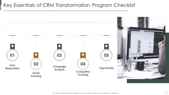 Key Essentials Of CRM Transformation Program Checklist Strategies To Improve Customer Background PDF