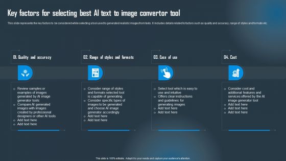 Key Factors For Selecting Best AI Text To Image Convertor Tool Slides PDF Key Factors For Selecting Best AI Text To Image Convertor Tool Slides PDF