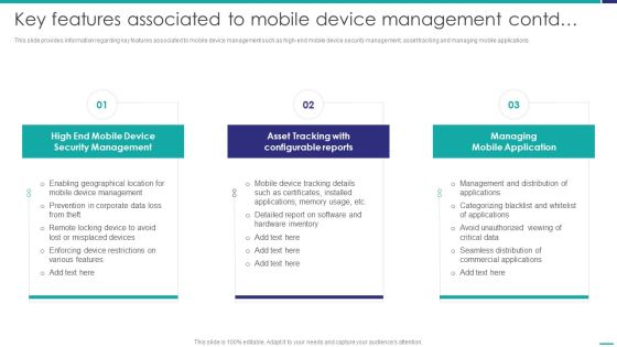 Key Features Associated To Mobile Device Management Mobile Device Security Management Mockup PDF Slide02