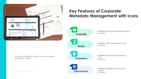 Key Features Of Corporate Metadata Management With Icons Ppt PowerPoint Presentation File Diagrams PDF