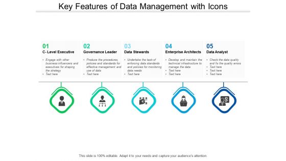 Key Features Of Data Management With Icons Ppt PowerPoint Presentation Slides Example Introduction