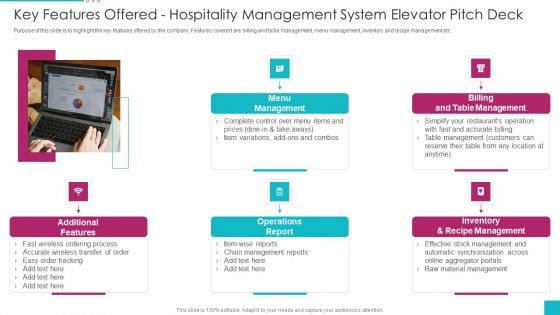 Key Features Offered Hospitality Management System Elevator Pitch Deck Icons PDF