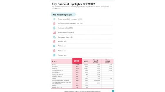 Key Financial Highlights Of FY2022 One Pager Documents