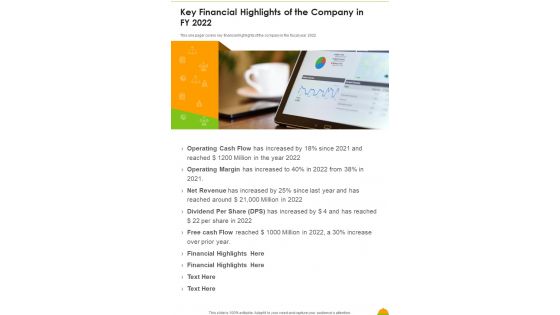 Key Financial Highlights Of The Company In FY 2022 One Pager Documents Key Financial Highlights Of The Company In FY 2022 One Pager Documents