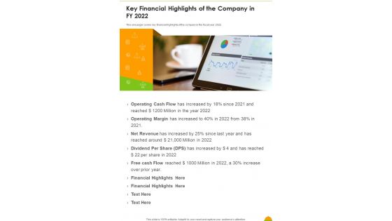 Key Financial Highlights Of The Company In FY 2022 One Pager Documents