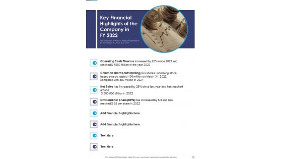 Key Financial Highlights Of The Company In FY 2022 Template 198 One Pager Documents Key Financial Highlights Of The Company In FY 2022 Template 198 One Pager Documents