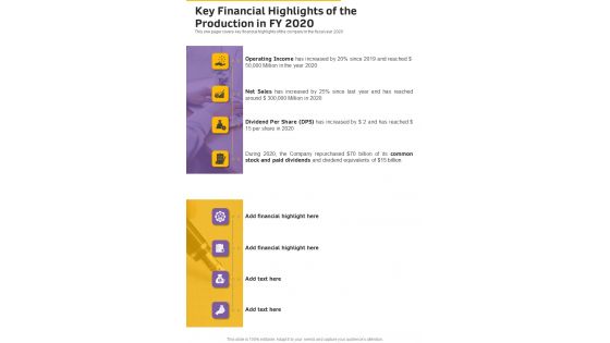 Key Financial Highlights Of The Production In FY 2020 One Pager Documents Key Financial Highlights Of The Production In FY 2020 One Pager Documents