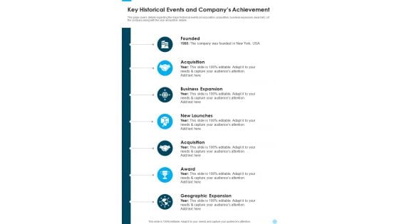 Key Historical Events And Companys Achievement One Pager Documents