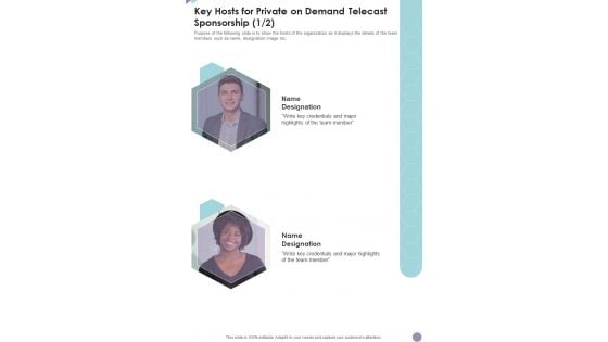 Key Hosts For Private On Demand Telecast Sponsorship One Pager Sample Example Document