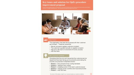 Key Issues And Solution For Opex Procedure Improvement Proposal One Pager Sample Example Document Key Issues And Solution For Opex Procedure Improvement Proposal One Pager Sample Example Document