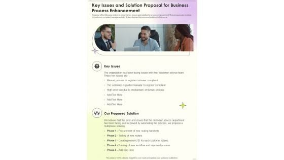 Key Issues And Solution Proposal For Business Process Enhancement One Pager Sample Example Document