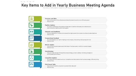 Key Items To Add In Yearly Business Meeting Agenda Ppt PowerPoint Presentation Gallery Infographic Template PDF