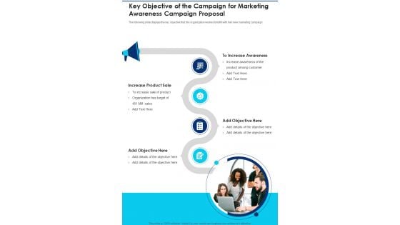 Key Objective Of The Campaign For Marketing Awareness Campaign Proposal One Pager Sample Example Document