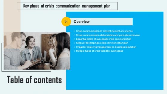 Key Phase Of Crisis Communication Management Plan Table Of Content Designs PDF