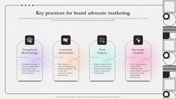 Key Practices For Brand Advocate Marketing Ppt Styles Examples PDF