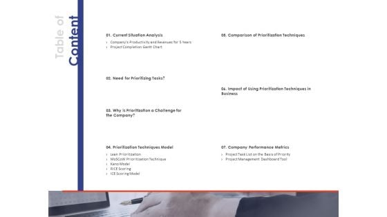 Key Prioritization Techniques For Project Team Management Table Of Content Ppt PowerPoint Presentation Design Templates PDF