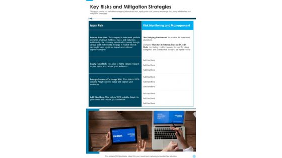 Key Risks And Mitigation Strategies One Pager Documents