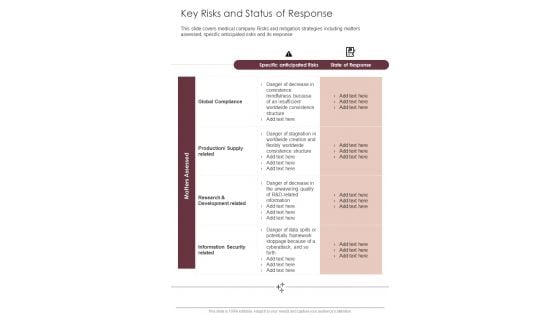 Key Risks And Status Of Response One Pager Documents