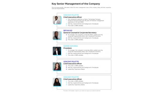 Key Senior Management Of The Company One Pager Documents