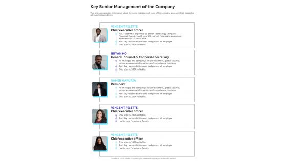 Key Senior Management Of The Company One Pager Documents Key Senior Management Of The Company One Pager Documents