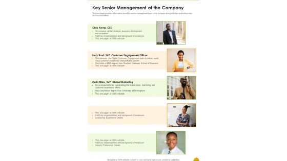 Key Senior Management Of The Company Template 106 One Pager Documents