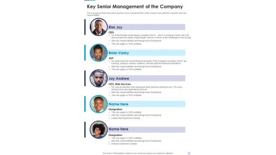Key Senior Management Of The Company Template 199 One Pager Documents Key Senior Management Of The Company Template 199 One Pager Documents