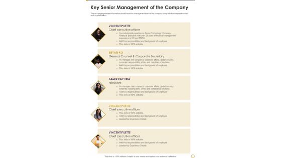 Key Senior Management Of The Company Template 260 One Pager Documents Key Senior Management Of The Company Template 260 One Pager Documents