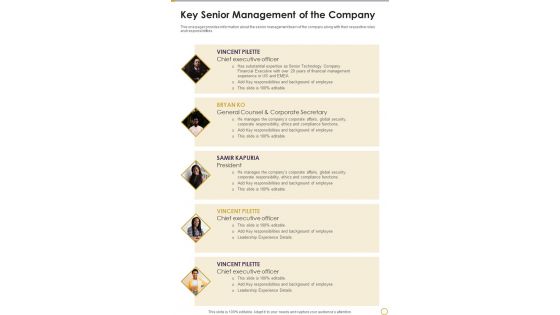 Key Senior Management Of The Company Template 260 One Pager Documents