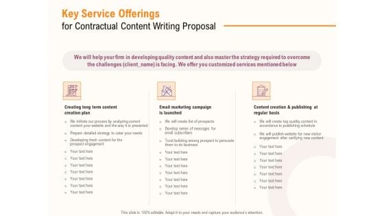 Key Service Offerings For Contractual Content Writing Proposal Ppt PowerPoint Presentation Summary Portrait PDF