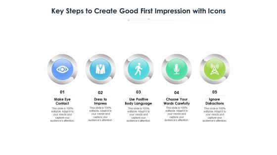 Key Steps To Create Good First Impression With Icons Ppt PowerPoint Presentation File Shapes PDF