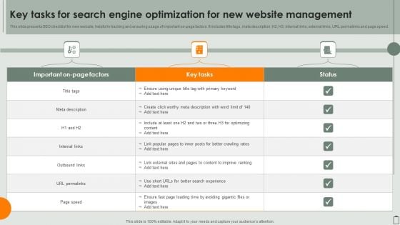 Key Tasks For Search Engine Optimization For New Website Management Slides PDF