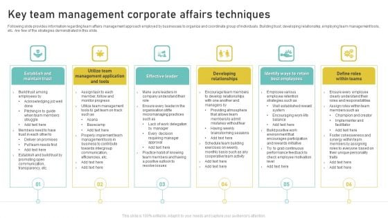 Key Team Management Corporate Affairs Techniques Ideas PDF