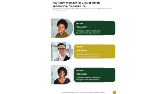 Key Team Member For Cricket Match Sponsorship Proposal One Pager Sample Example Document Key Team Member For Cricket Match Sponsorship Proposal One Pager Sample Example Document