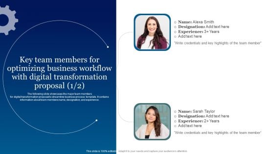 Key Team Members For Optimizing Business Workflow With Digital Transformation Proposal Background PDF