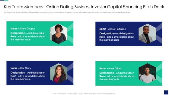 Key Team Members Online Dating Business Investor Capital Financing Pitch Deck Clipart PDF