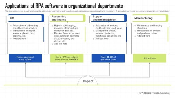 Key Techniques To Enhance Cost Efficiency Applications Of RPA Software In Organizational Departments Template PDF