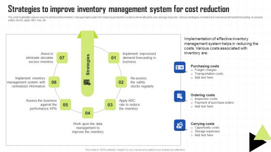Key Techniques To Enhance Cost Efficiency Strategies Improve Inventory Management System Cost Reduction Brochure PDF