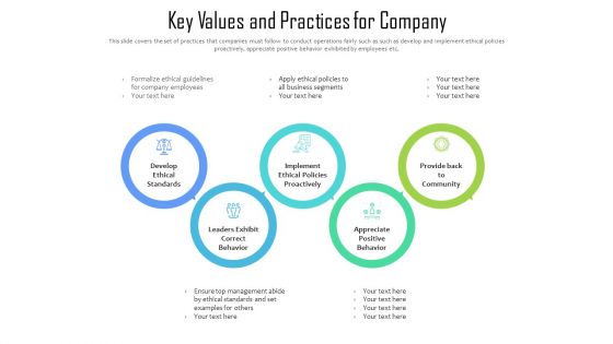 Key Values And Practices For Company Ppt PowerPoint Presentation Gallery Example Topics PDF