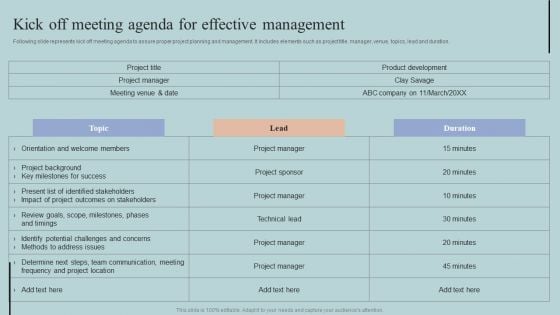 Kick Off Meeting Agenda For Effective Management Structure PDF