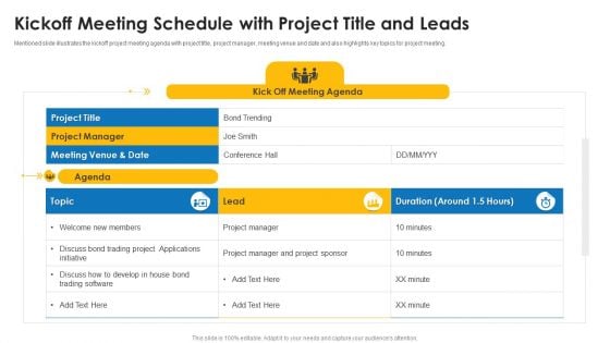 Kickoff Meeting Schedule With Project Title And Leads Ppt Outline Layouts PDF Kickoff Meeting Schedule With Project Title And Leads Ppt Outline Layouts PDF