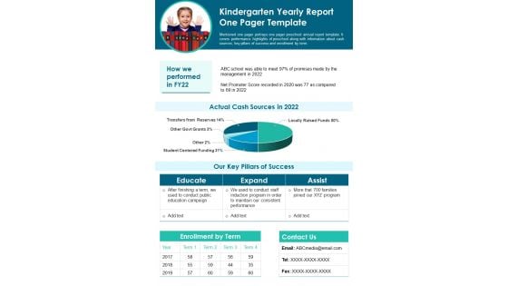 Kindergarten Yearly Report One Pager Template PDF Document PPT Template