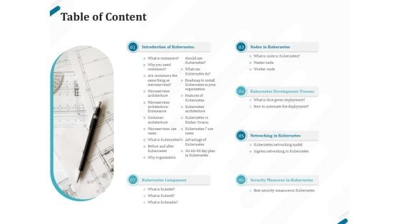 Kubernetes Containers Architecture Overview Table Of Content Ppt Summary Layout Ideas PDF